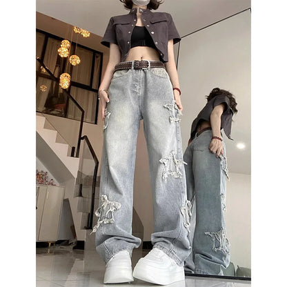 Blue Jeans for Women Korean Ins High-waisted Straight Wide-leg