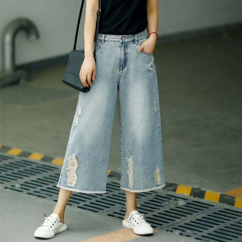 Quarter Summer Thin High Waist Loose Wide Leg Pants Women's Broken Hole Made Old Blue Vintage Casual Pants