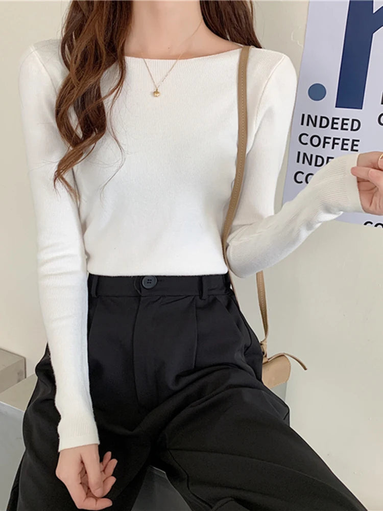 Winter Women Sweaters Slash Neck Slim Knitted