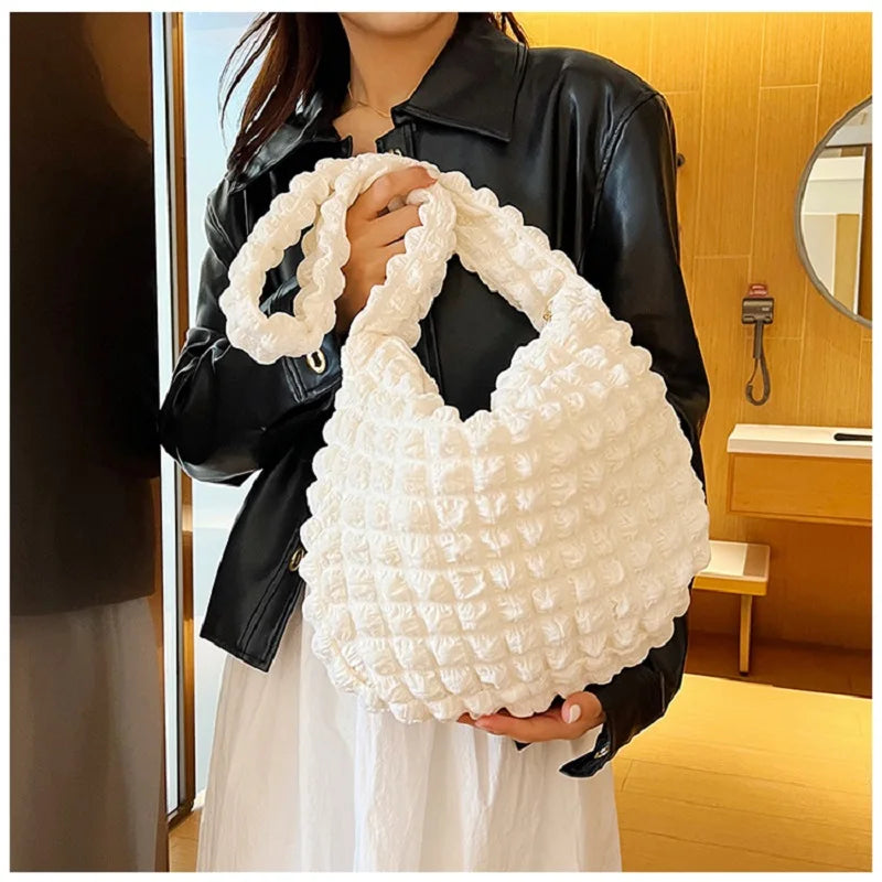 Plaid Quilted Shoulder Bag Cute Pleated Bubbles Large Capacity Underarm Bag Embroidered Solid Color Crossbody Bag Women