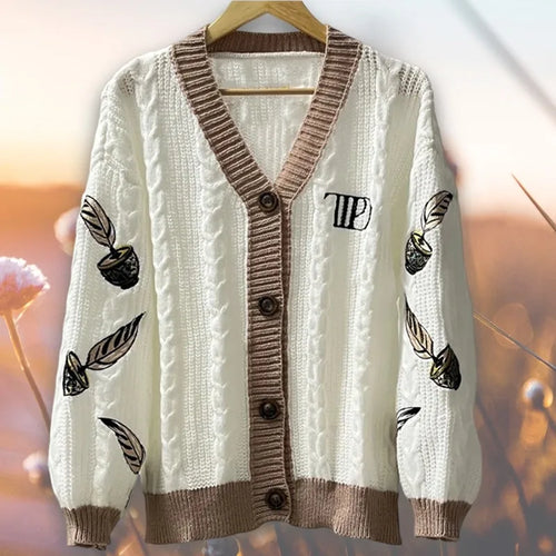 2024 Autumn Women Trend High Quality Loose Fitting Floral Embroidered Knitted Cardigan Y2k Regulai Fit Beige Cardigans Female