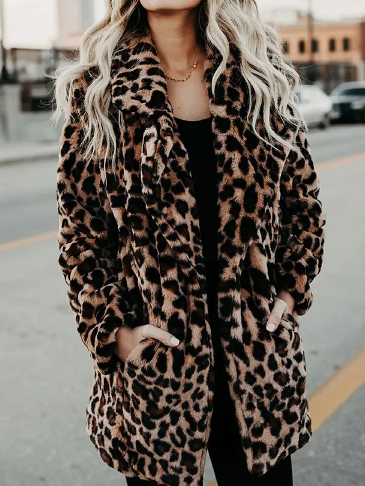 Autumn Leopard Faux Fur Coat Women Long Winter Coat Woman Warm Ladies