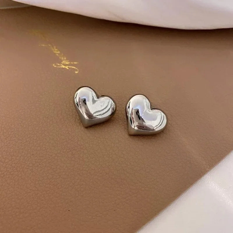 Luxury Classic Gold Color Love Heart Stud Earrings for Women 2024 Korea Fashion Cute Sweet Stainless Steel Party Jewelry Gift