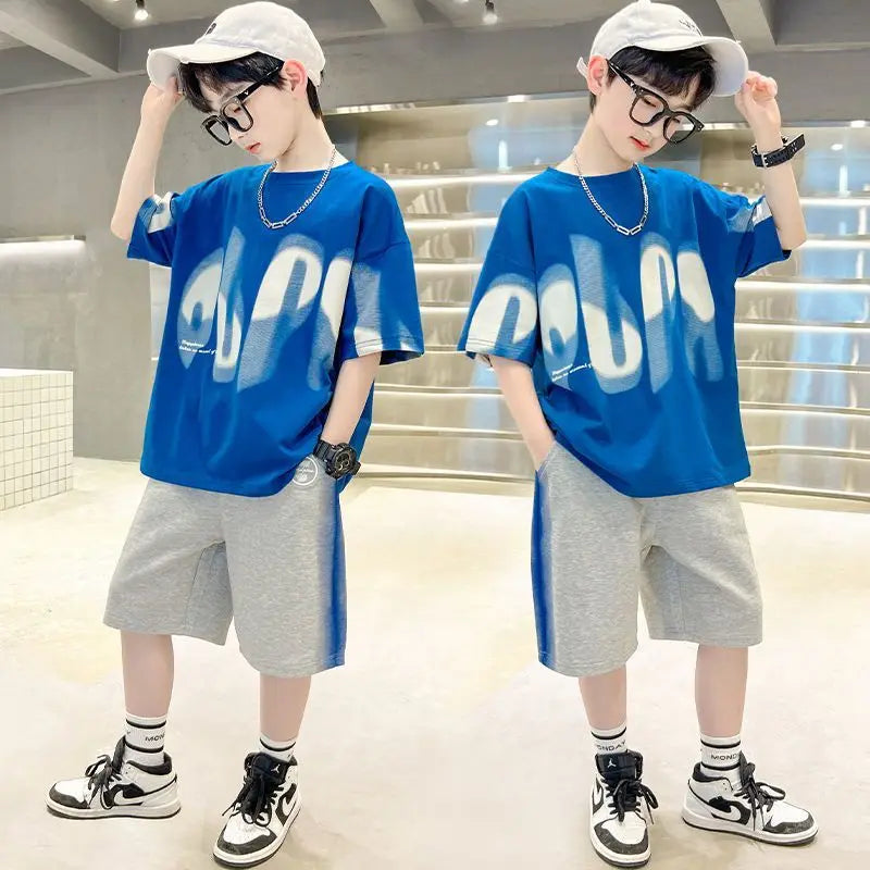 Boys Summer 2pcs Hiphop Style Leisure T-shirts+Pants Short Sleeved Suits 4-14 Years Teenage Korean Style Kids Streetwear Clothes