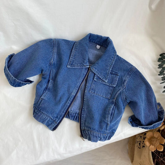 Autumn Kids solid color denim Coats Turn-down collar zipper Boys and girls casual jacket