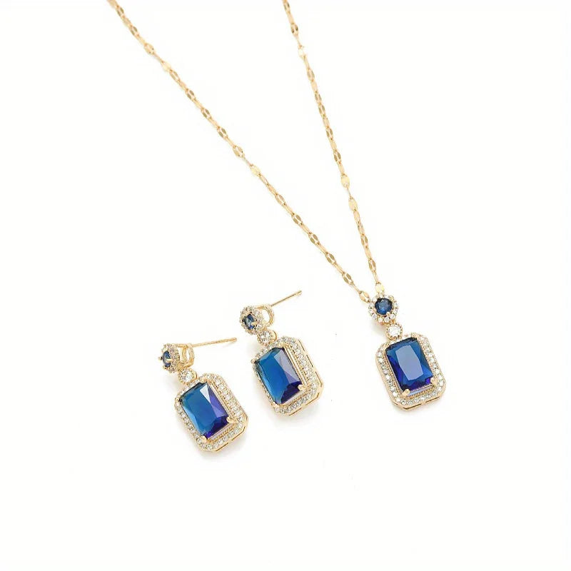 Retro Blue Zircon Geometric Pendant Necklace, Earrings