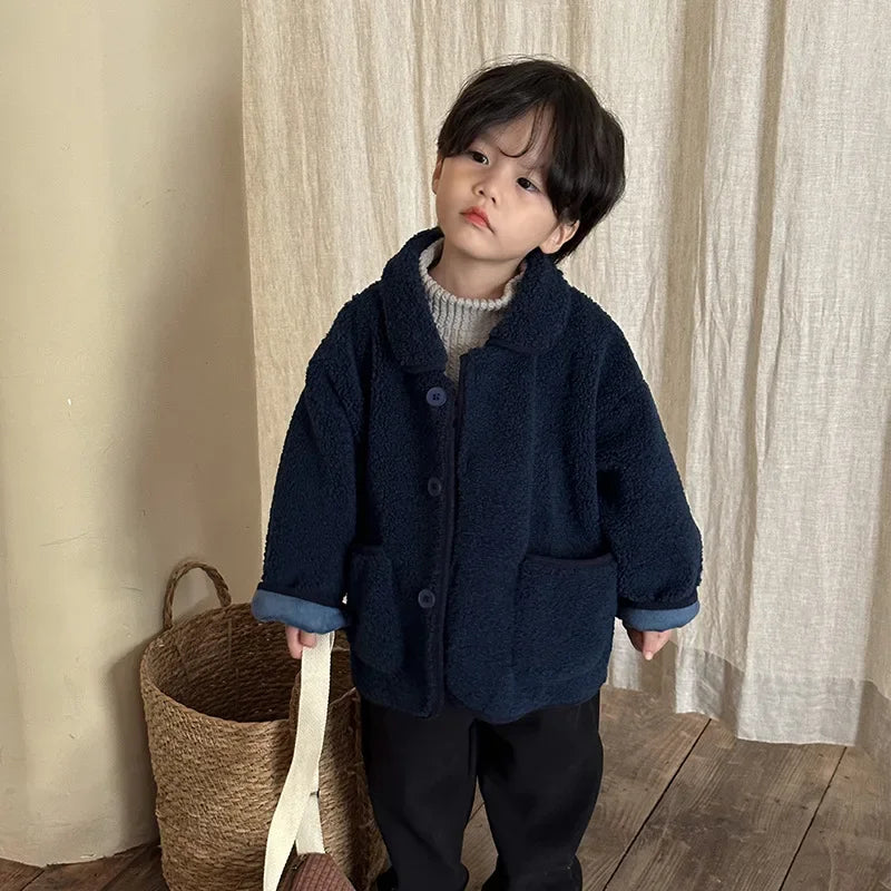 2024 Autumn Winter Baby Solid Plus Velvet Thicken Pockets Warm Jacket Kid Boy Simple Casual Tops Girl Children Loose Retro Coat