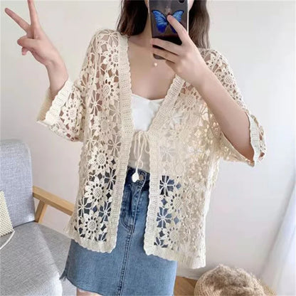 Cotton Openwork Knitted Sunscreen Clothing Women's Summer Tide Loose Cardigan V-neck and Cropped Sleeve air Conditioning Shirt