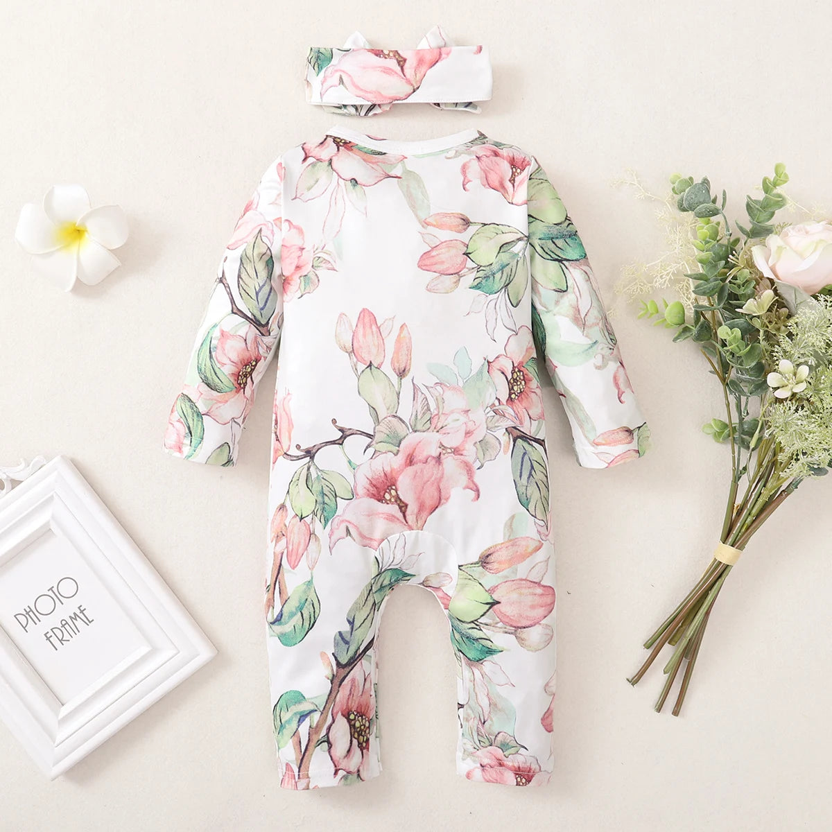 Newborn Baby Girl Romper Floral Ruffle Side Long Sleeve Bodysuit with Bowknot Headband Girls Fashion Jumpsuit for 0-18 Months