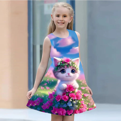 Summer Dress For Girls 2024 Kids Clothes Casual Sleeveless O-neck Cat 3D Print Children Princess Dress Girl 2 To 8 Years Old