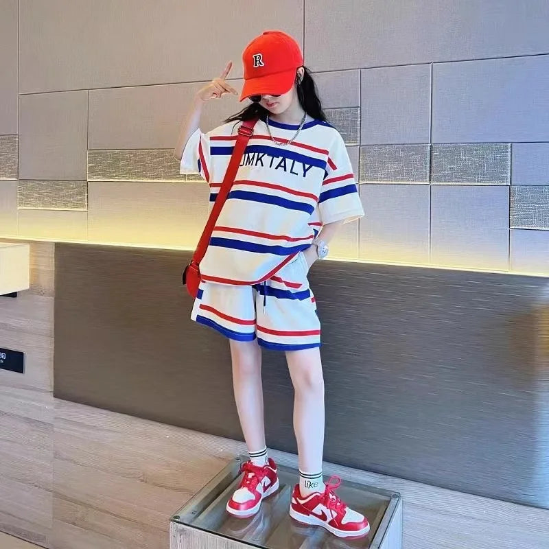 Children Clothing Girls Striped T-shirt Top + Sports Shorts Set, Loose Korean Style Casual Two-piece Set Loungewear Outfit