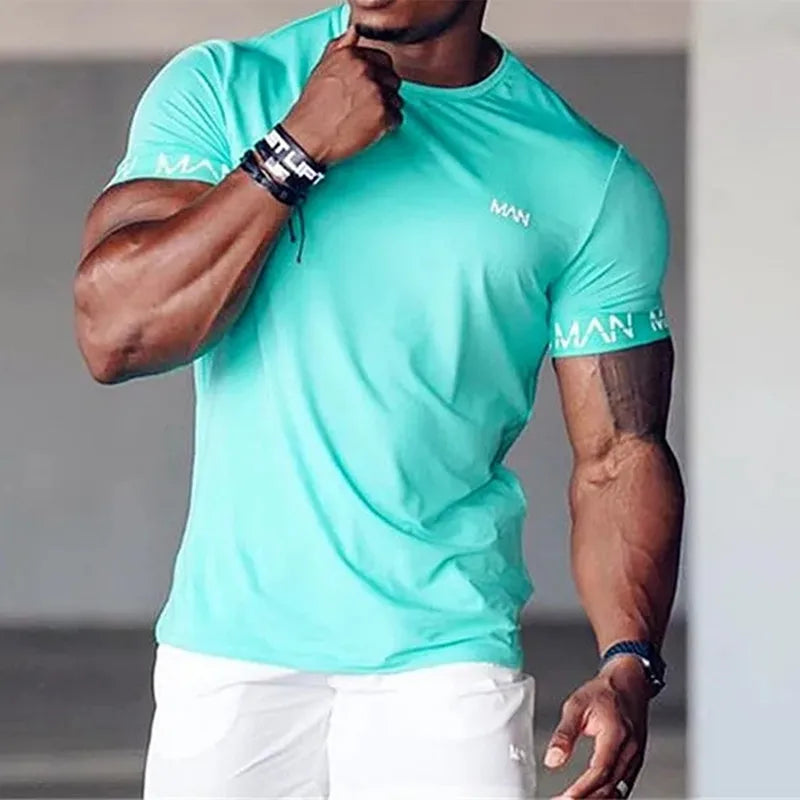 NEW round collar Shirt Men Short Sleeve Workout Gym T-Shirt Compression Running Fitness Tops Summer Tees men Training Clothing