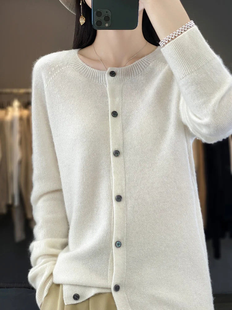 Fashion Women 100% Merino Wool Cardigans Cashmere Sweater Autumn Winter O-neck Long Sleeve Knitwear Female Basic Clothing Tops