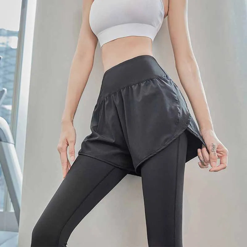 Women Gym Yoga Pants Fake 2 Pieces Sports Pants With Shorts Quick Dry Outdoor Fitness Training Workout Running Tights Leggings