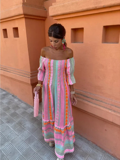 Fashion Colorful Stripe Print Long Dress Women Elegant Off Shoulder Half Sleeved Ruffles Hem Dresses Summer Lady Street Robes