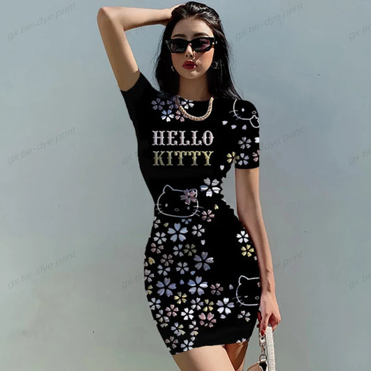 Hello Kitty Print Woman Dresses Elegant Dress Office Tight Slim Lady O Neck Summer Casual Cartoon 3D print Mini Dress Vestidos