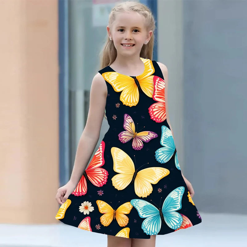 Summer Girls Dresses 2 to 8 Years 2024 Kids Clothes Casual Sleeveless O-neck Butterfly 3D Print Princess Dress For Girls