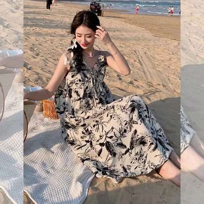 Spaghetti Strap Painting Floral V-neck Loose Beach Holiday Long Dress