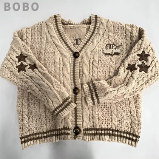 Autumn Fashion Warm Khaki Knitted Cardigan Women Sweater Y2k Winter Star Embroidered Loose Fit Long Sleeves Holiday Cardigan