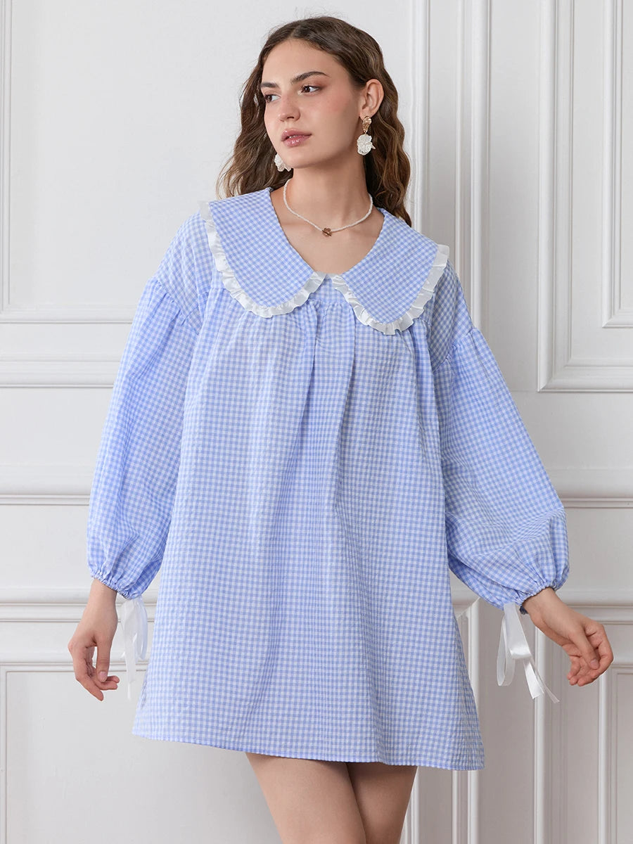 Women Y2k Gingham Babydoll Dress Puff Long Sleeve Loose Fit Short Dress Ruffle Trim Doll Collar Cute Plaid Dress