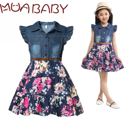 Summer Denim Dress Belted Above Knee Floral Bottom Girls Casual Frock 6 8 10 12 Years Kids Daily Wear Fashion Outfit of the Day