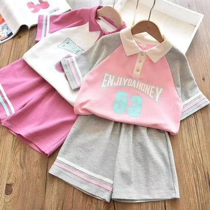 Summer Teenage Girls Clothes Set Children Girl Lapel Letter Tshirts and Shorts 2 Pieces Suit Kid Top Bottom Outfits Tracksuits