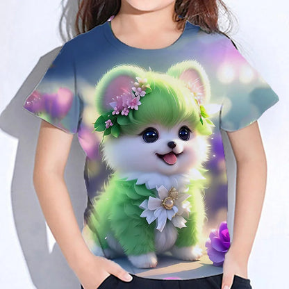 2024 Girl Summer Tops Girls Clothes 2 to 8 Years Short Sleeve Children T-Shirt Cat Print Kids T Shirt Kawaii Children's Clothing