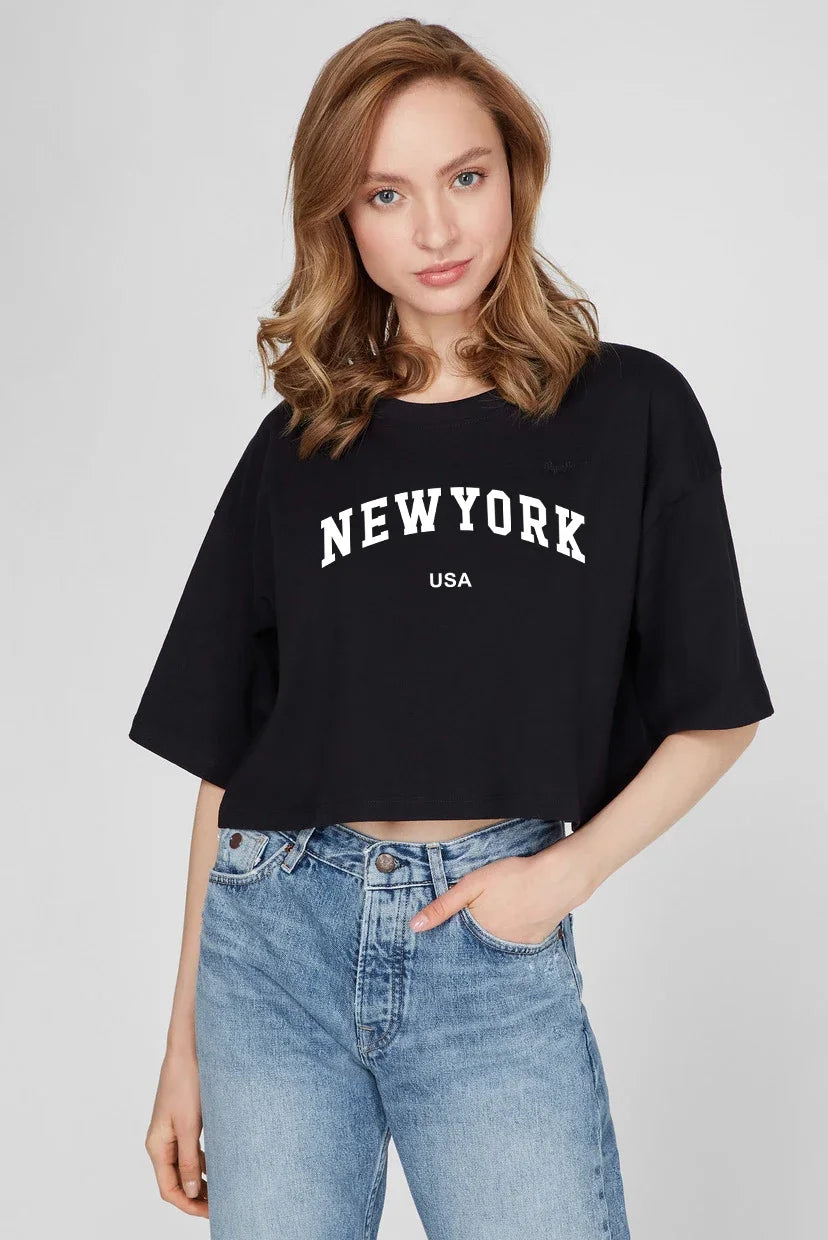 New York USA Letter Printed Tee Shirts Cotton Women Crop T-shirts