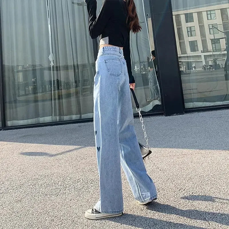 Jeans Women Wide Legs Baggy Jeans Streetwear Chic Design Peach Heart High Waist Loose Female Straight Long Pants Drop Shipping