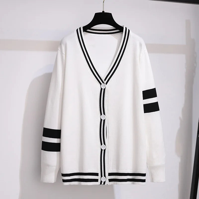 160Kg Plus Size Women's Bust 160cm Loose Cardigan Knitted Sweater 6XL 7XL Spring Autumn V-neck Striped Sweater