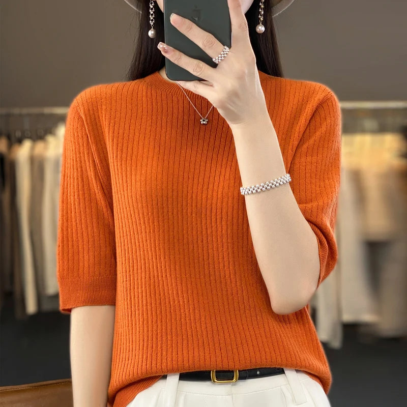 2023 Summer Women's Short Sleeve Women's Cashmere Short Sleeve T-shirt Pullover Women's Knitted Sweater T-shirt Top