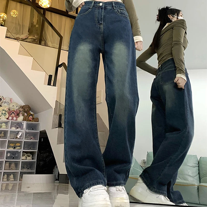 Women Korean Retro High Waist Unisex Straight Leg Jeans