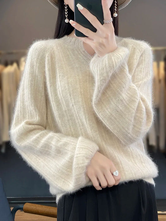 Women New 100% pure Mink Cashmere Sweater Fashion Loose Pullover Autumn Winter Warm Top Loose Puff Sleeve Knit Female Jacket