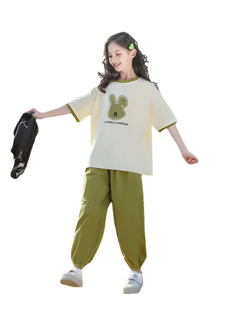 Girls Clothes Summer Cartoon Top & Pants 2 Pieces Set Teenage Girl Avocado Green Tracksuit Children Girl Sport Outfit