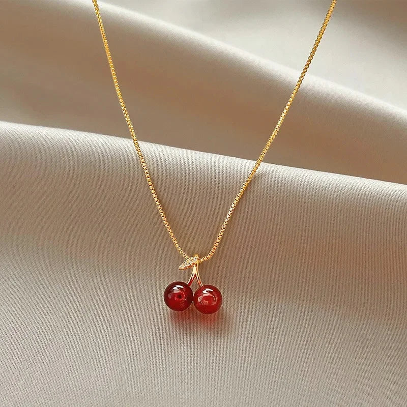 2024 New Wine Red Cherry Gold Color Pendant Necklace for Women Personality Fashion Necklace Wedding Jewelry Birthday Gifts