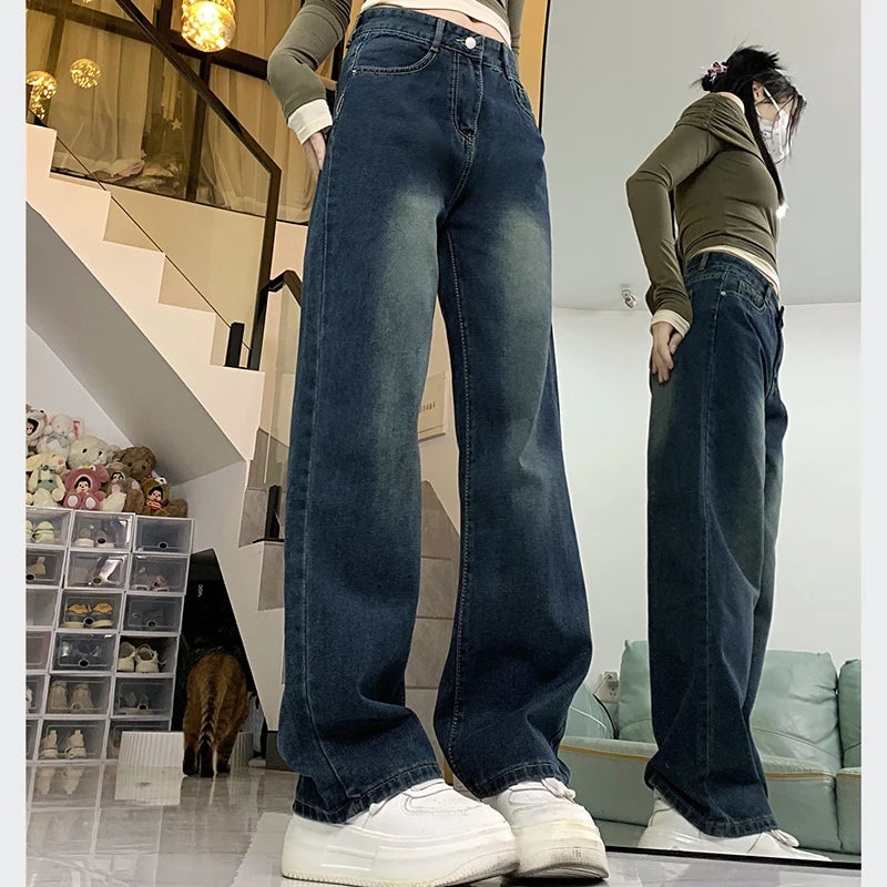 Women Korean Retro High Waist Unisex Straight Leg Jeans