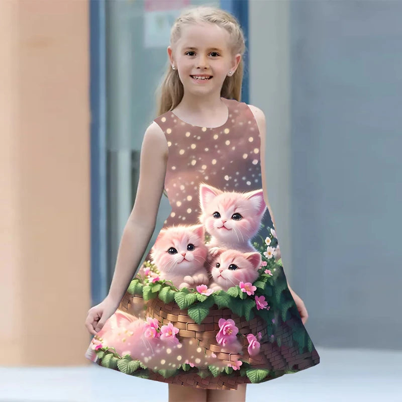 Summer Dress For Girls 2024 Kids Clothes Casual Sleeveless O-neck Cat 3D Print Children Princess Dress Girl 2 To 8 Years Old