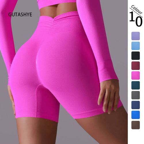 Guta Solid Color Seamless Peach Hip High Waist Tight Yoga Shorts Running Fitness Sports Breathable Quick Drying Women's Shorts