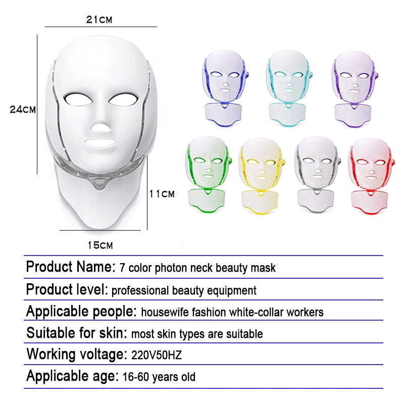 LED Mask Beauty Machine 7 Colors Light with Neck Skin Rejuvenation Whitening Anti Acne Face Lifting Firm Massager Skin Care