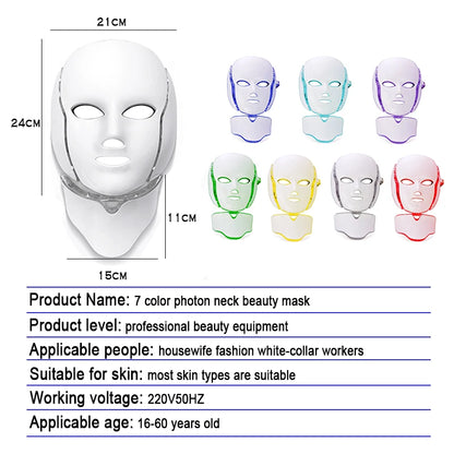 LED Mask Beauty Machine 7 Colors Light with Neck Skin Rejuvenation Whitening Anti Acne Face Lifting Firm Massager Skin Care