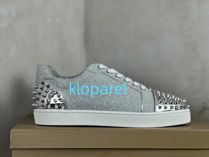 Luxury women's and men's low cut silver sequin rivets high-quality casual flat shoes