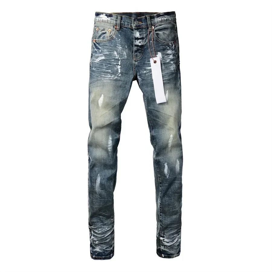 2024 top quality Purples Men jeans brands high street blue ripped distressed fashion repair low rise skinny denim trousers pants