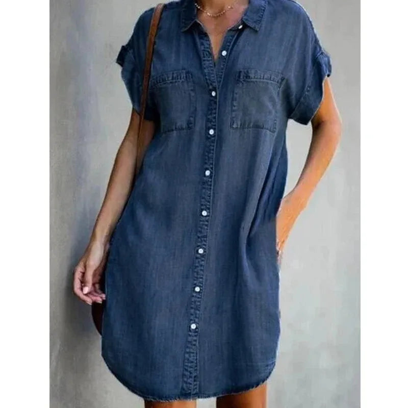 Women Denim Shirt Dresses Short Sleeve Distressed Jean Dress Button Down Casual Tunic Top RERF1987