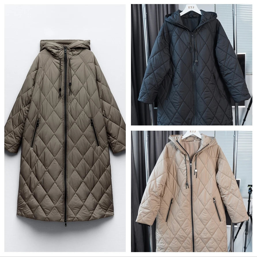 ETJ2023TRAF new hooded pufferfish jacket for women quilted hooded long loose version padded coat 3 colors optional