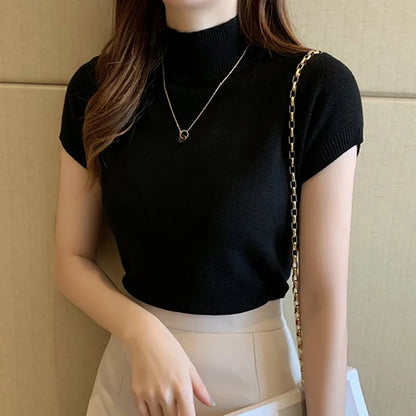 Slim Knitted T-shirt Women Elegant Solid Short Sleeve