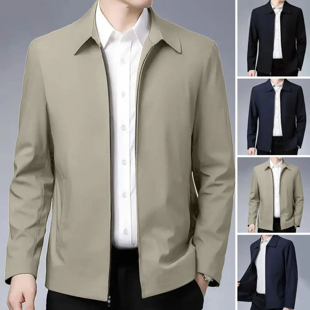 Zipper Pockets Men Jacket Elegant Mid-aged Men's Lapel Jacket Stylish Zipper Closure Straight Fit Soft for Formal