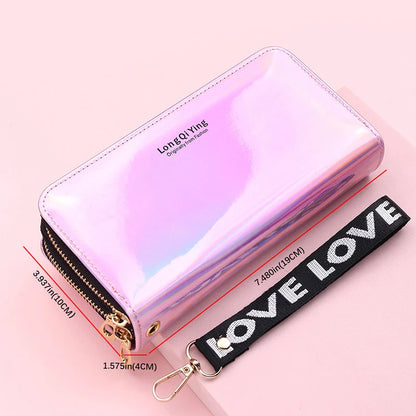 Women Wallets Double Zippers Lady Long Coin Purses Cards Holder Woman Handbags Billfold Wristlet Wallet Clutch Shiny Money Bags