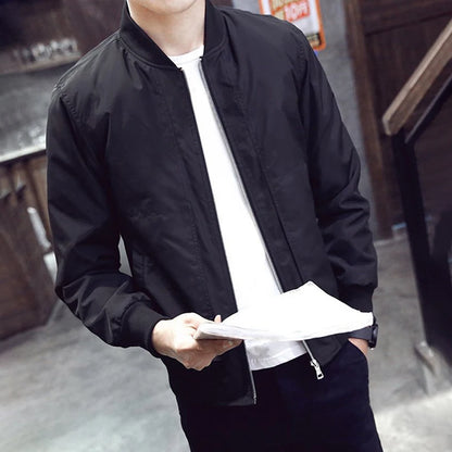 Modern Black Slim Fit Stand Collar Jacket Coat for Men, Thin and Lightweight, Long Sleeve, Sizes M~2XL, Made of Polyester