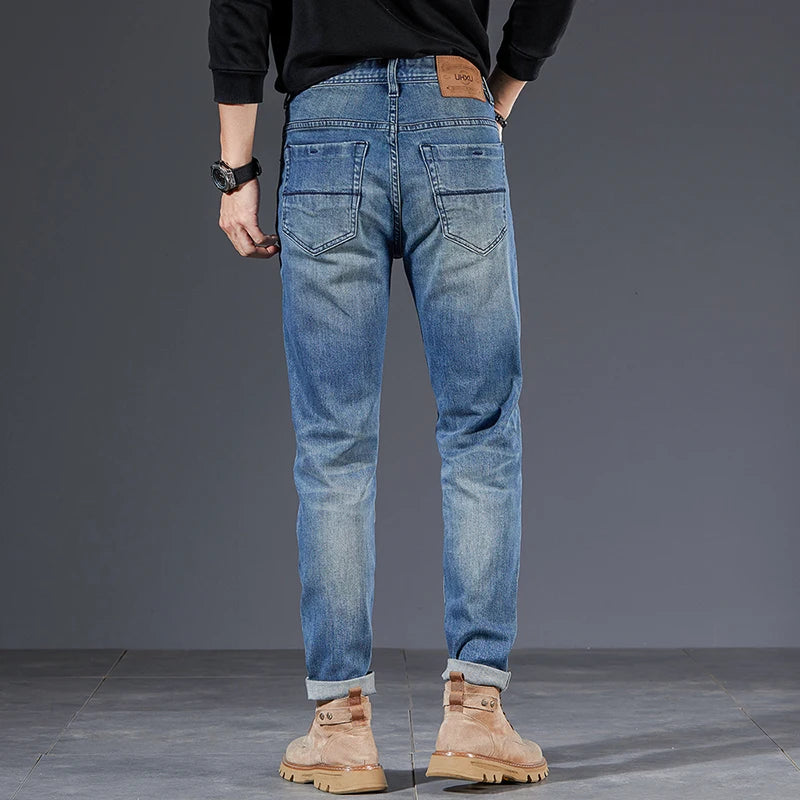 Luxury Jeans For Men Stretch Slim Fit Solid Blue Denim Pants