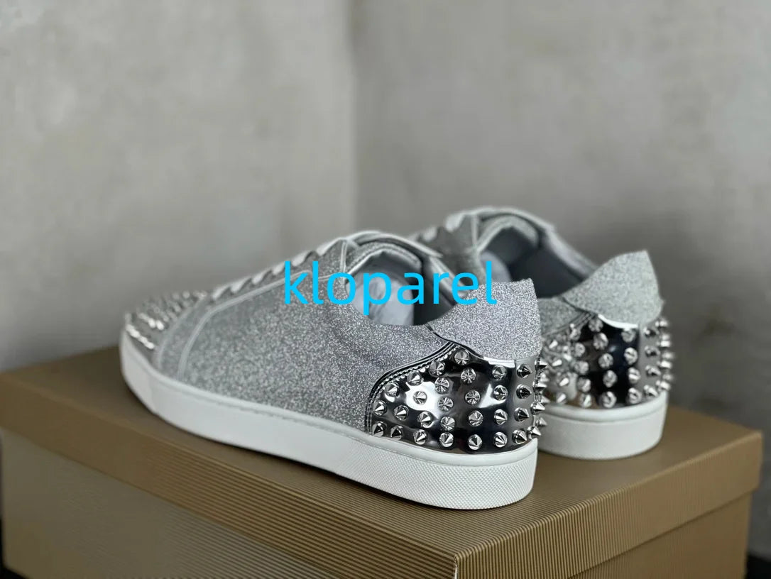 Luxury women's and men's low cut silver sequin rivets high-quality casual flat shoes